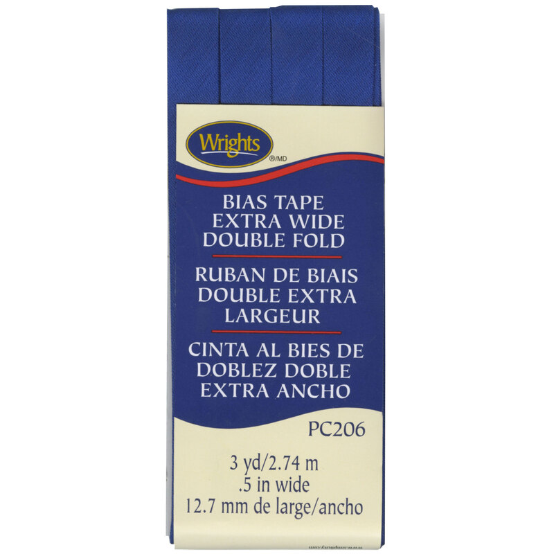 Blue bias tape in packaging labeled Bias Tape Extra Wide Double Fold.
