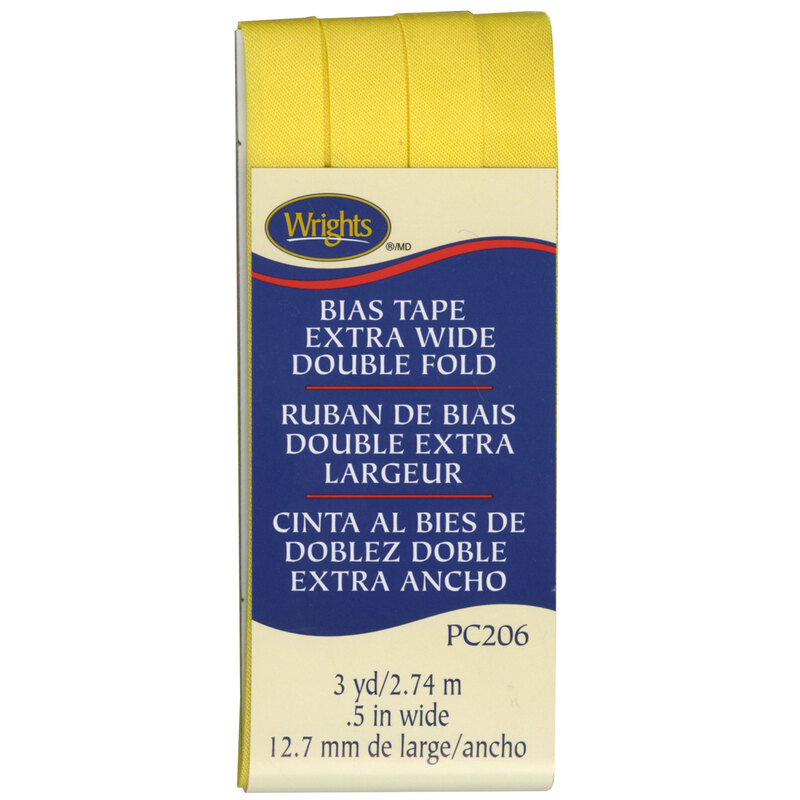 yellow bias tape in packaging labeled Bias Tape Extra Wide Double Fold.