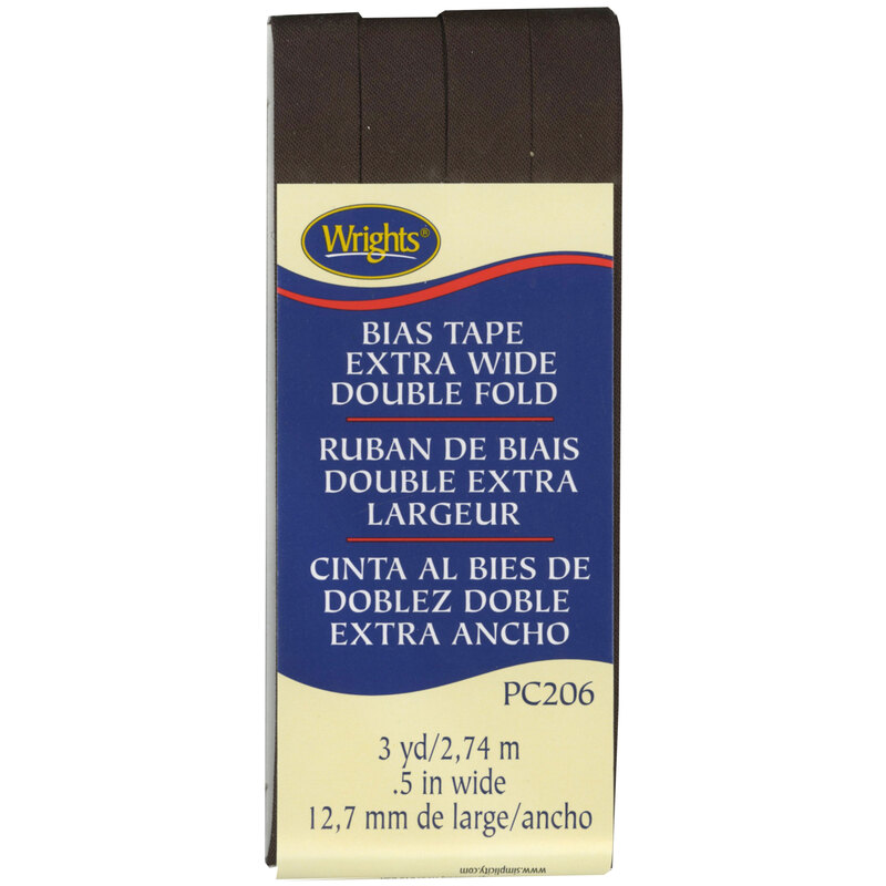 seal brown bias tape in packaging labeled Bias Tape Extra Wide Double Fold.