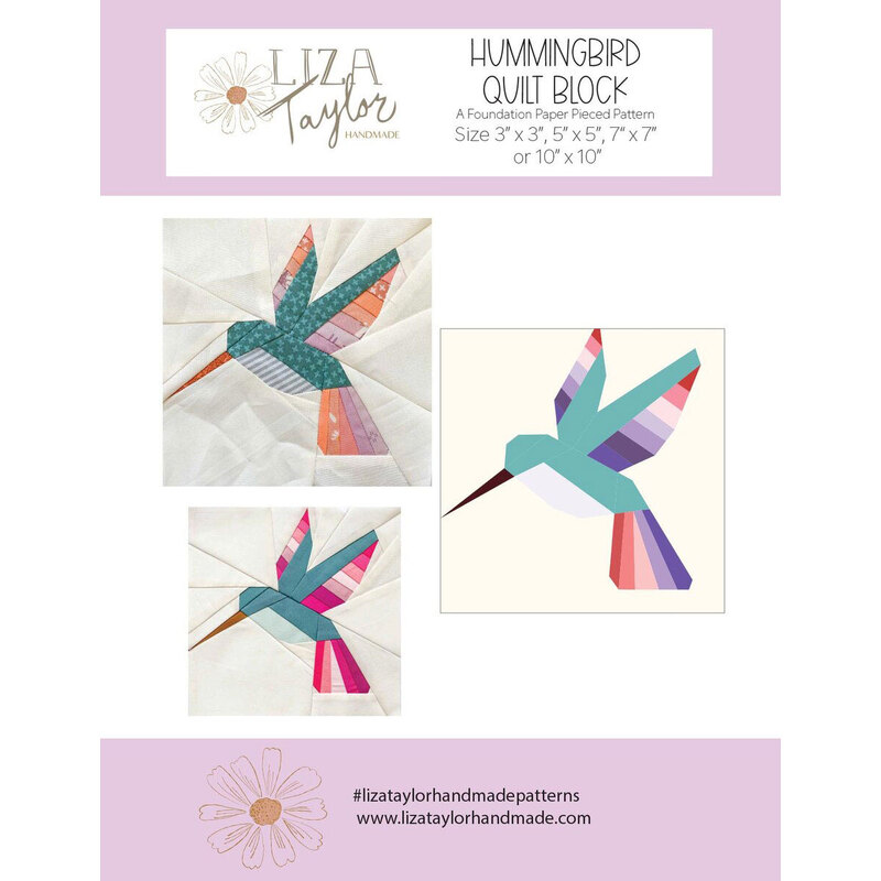Cover page for Liza Taylor's Hummingbird quilt block pattern, featuring three colorful quilted designs.