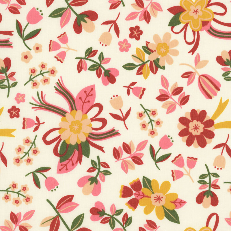 Cream fabric with a minimalist pattern of stylized florals and flowing ribbon motifs.