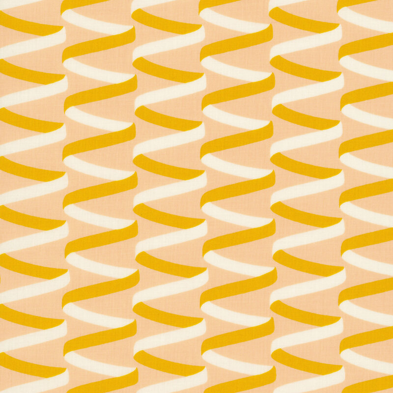 Pale apricot fabric with a minimalist design of swirling brown and cream ribbons.