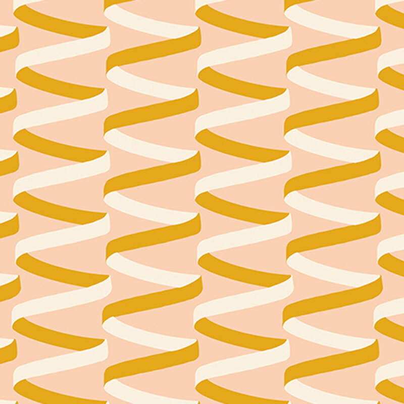 Peach fabric with a minimalist design of swirling brown and cream ribbons.