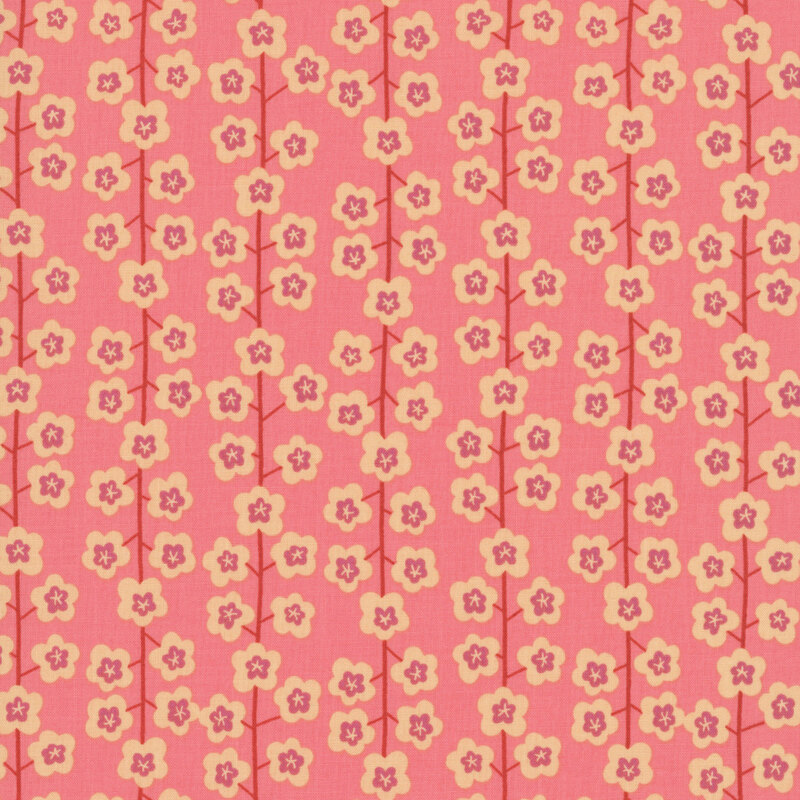 Pink fabric with a minimalist design of florals and stripes formed by vines.