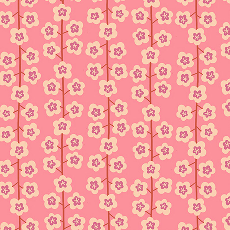 Pink fabric with a minimalist design of florals and stripes formed by vines.