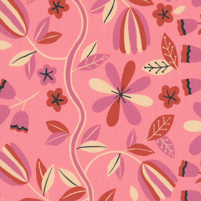 Pink fabric with a minimalist-style pattern of salmon and pink florals.