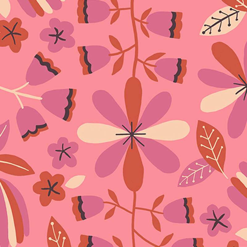 Pink fabric with a minimalist-style pattern of salmon and pink florals.