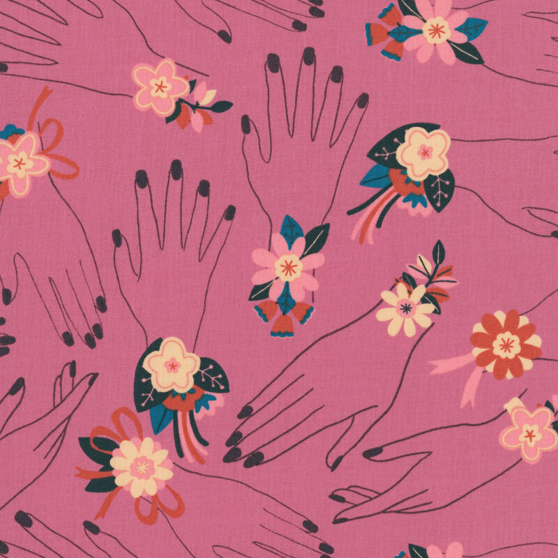 Passion purple fabric with a minimalist pattern of decorative hands adorned with floral ribbon accents at the wrists.