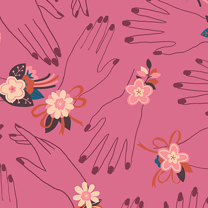 Pink fabric with a minimalist pattern of decorative hands adorned with floral ribbon accents at the wrists.