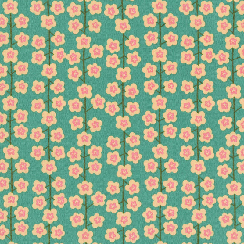 Teal fabric with a minimalist design of florals and stripes formed by green vines.