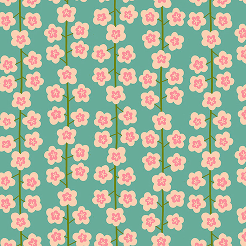 Teal fabric with a minimalist design of florals and stripes formed by green vines.