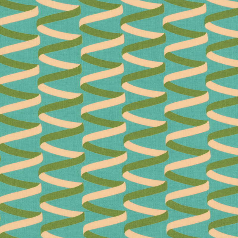 Aqua fabric with a minimalist design of swirling green and cream ribbons.