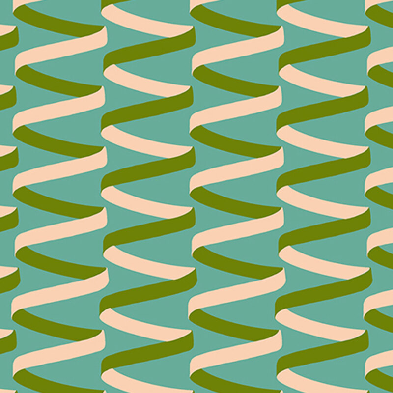 Aqua fabric with a minimalist design of swirling green and cream ribbons.