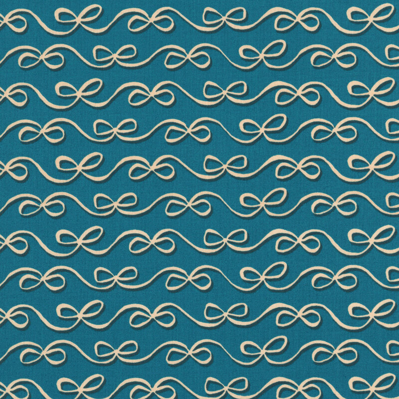 Teal fabric with a minimalist design of flowing stripes made of ribbons.