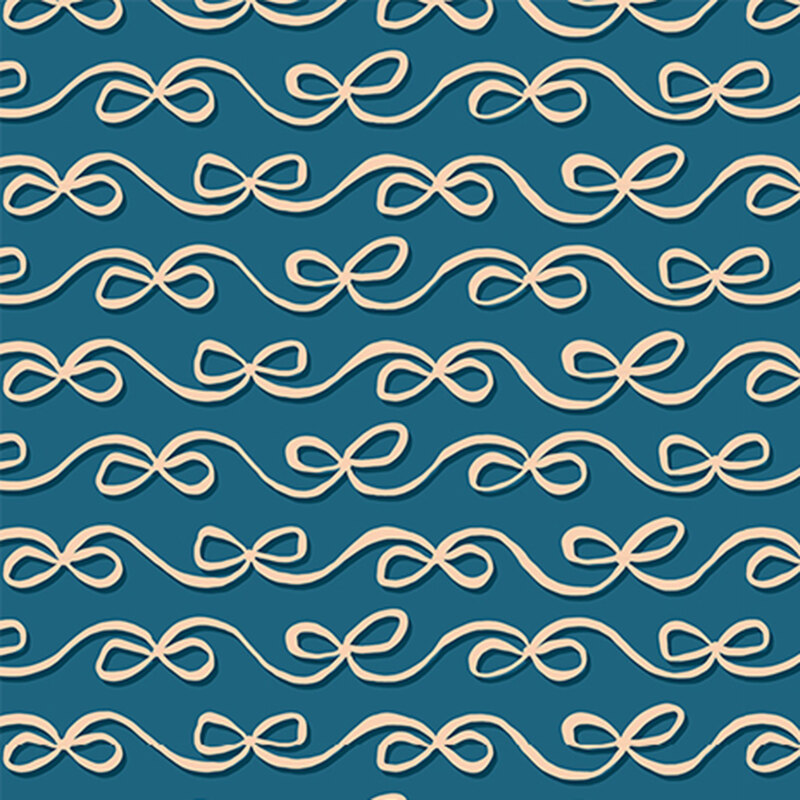 Teal fabric with a minimalist design of flowing stripes made of ribbons.