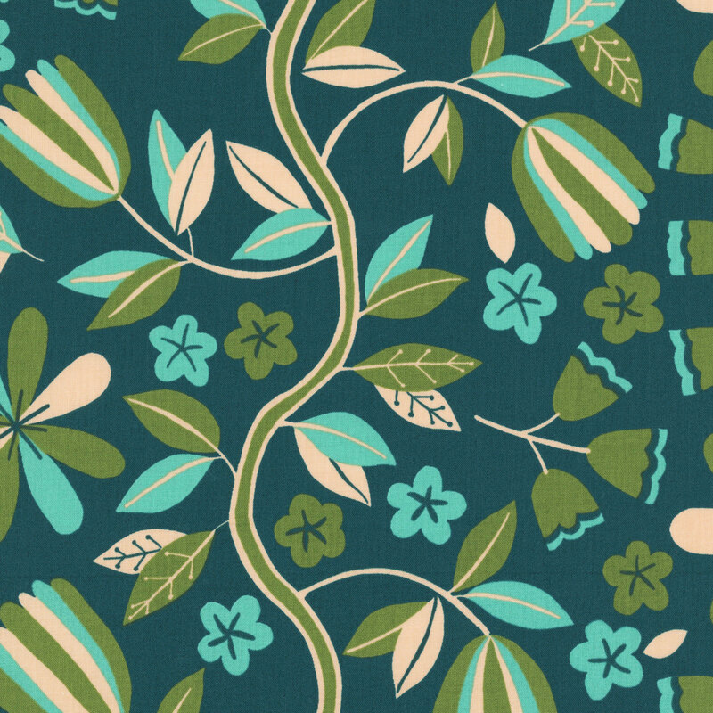 Dark teal fabric with a minimalist-style pattern of green and aqua florals.