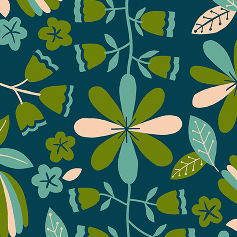Dark teal fabric with a minimalist-style pattern of green and aqua florals.