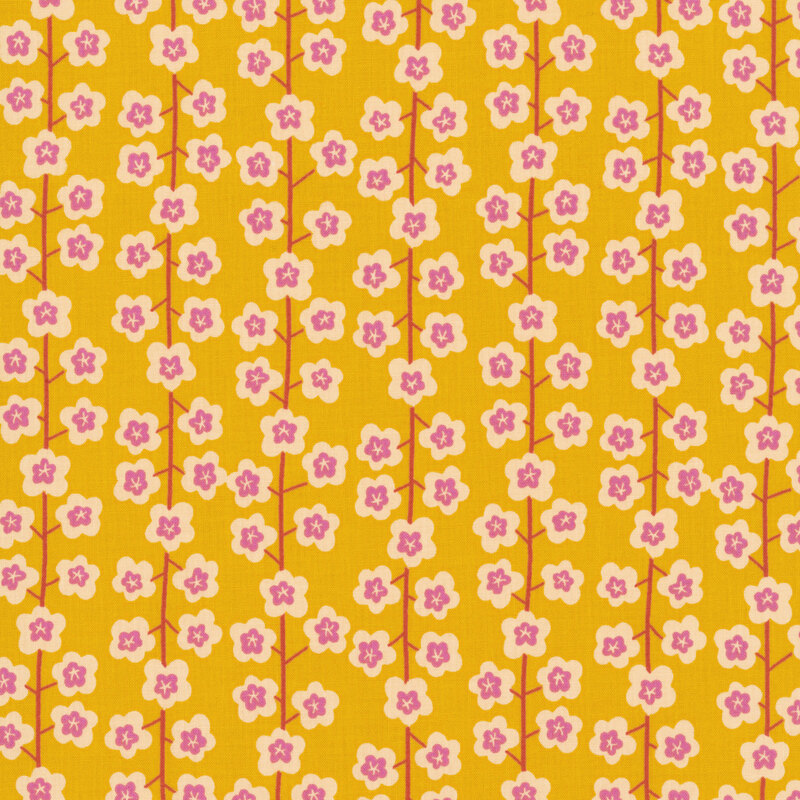 Butterscotch yellow fabric with a minimalist design of florals and stripes formed by vines.