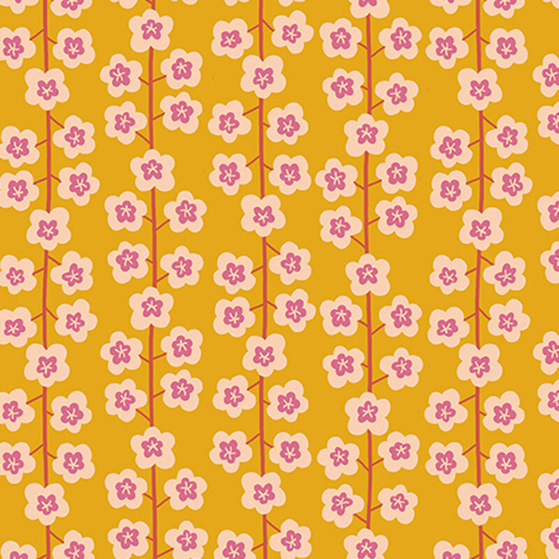 Butterscotch yellow fabric with a minimalist design of florals and stripes formed by vines.