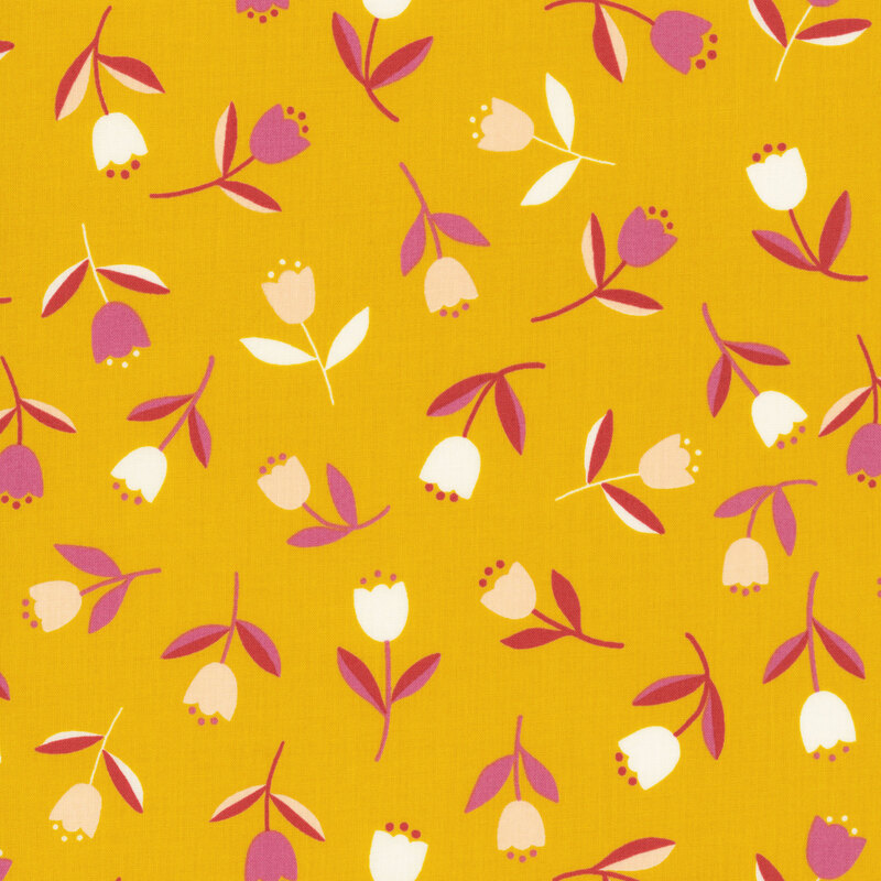 Ocher fabric with a minimalist design of tossed tulips.
