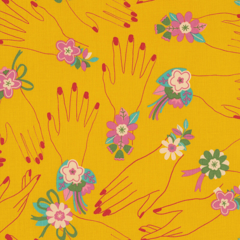 Ocher fabric with a minimalist pattern of decorative hands adorned with floral ribbon accents at the wrists.