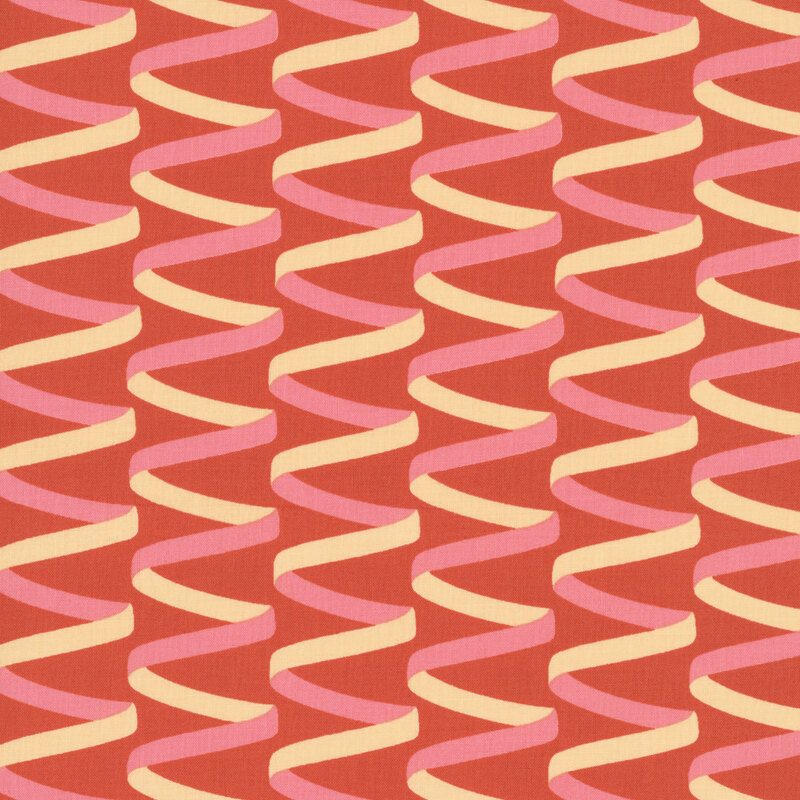 Sienna fabric with a minimalist design of swirling pink and cream ribbons.