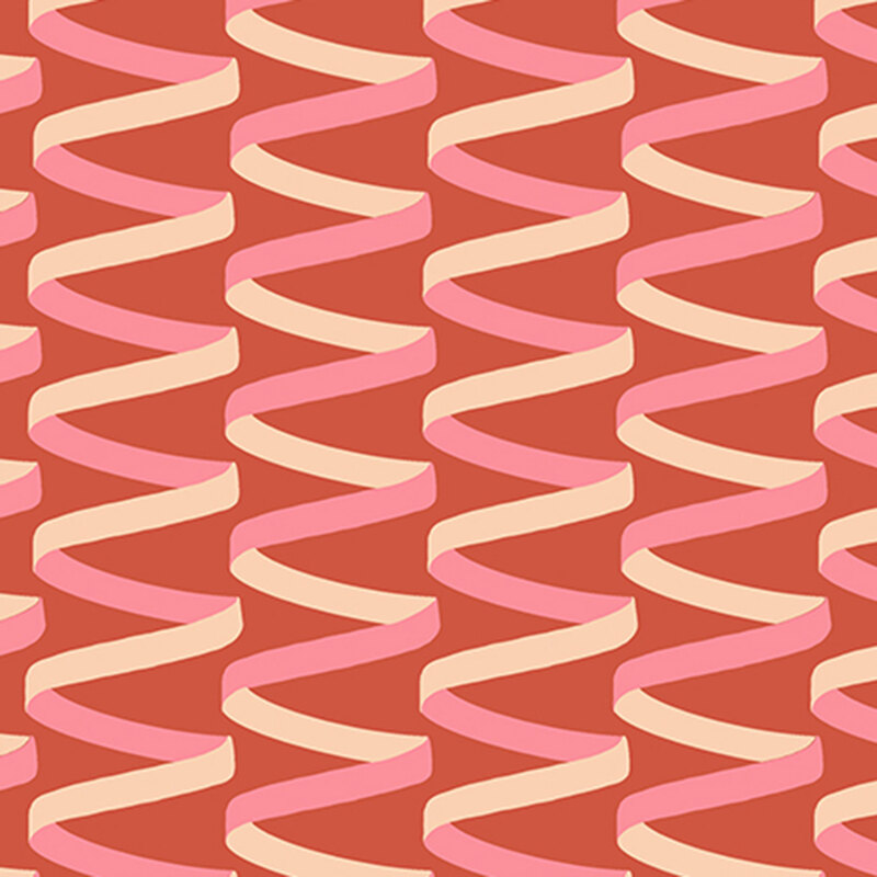Sienna fabric with a minimalist design of swirling pink and cream ribbons.