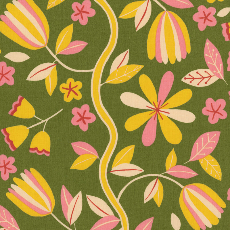 Green fabric with a minimalist-style pattern of ocher and pink florals.