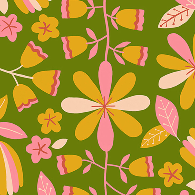 Green fabric with a minimalist-style pattern of ocher and pink florals.