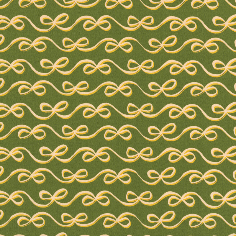Green fabric with a minimalist design of flowing stripes made of ribbons.