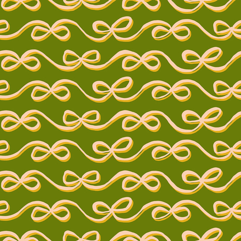 Green fabric with a minimalist design of flowing stripes made of ribbons.