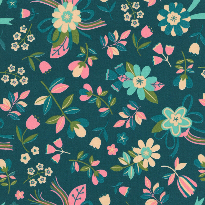 Dark aqua fabric with a minimalist pattern of stylized florals and flowing ribbon motifs.