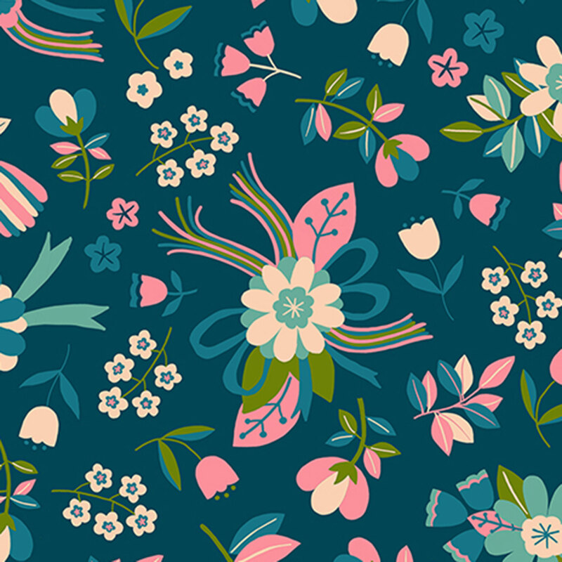 Dark aqua fabric with a minimalist pattern of stylized florals and flowing ribbon motifs.
