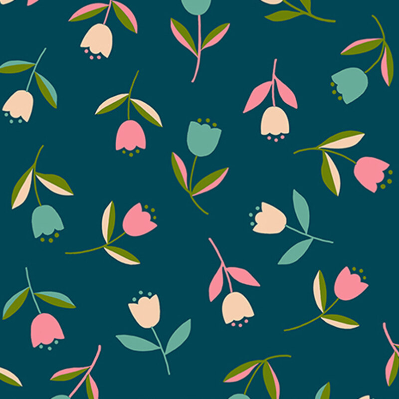 Teal fabric with a minimalist design of tossed tulips.