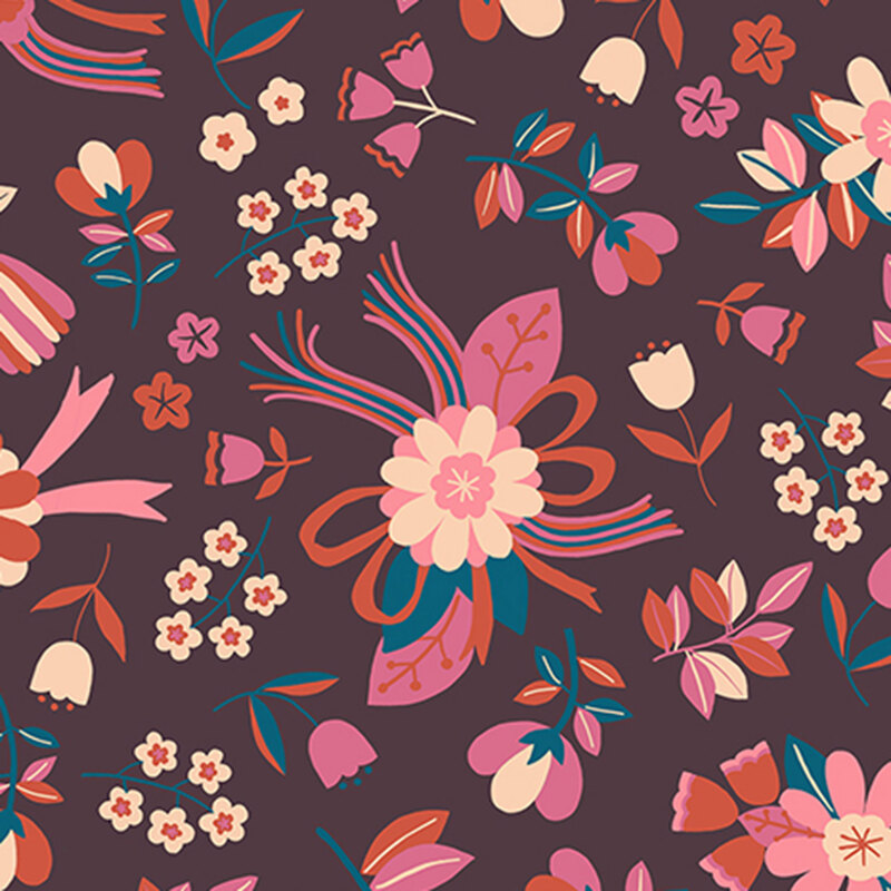 Purple fabric with a minimalist pattern of stylized florals and flowing ribbon motifs.