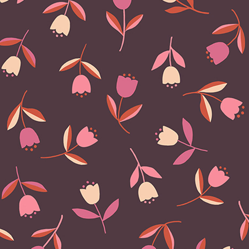 Purple fabric with a minimalist design of tossed tulips.