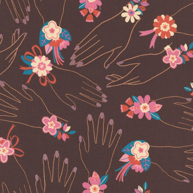 Dark purple fabric with a minimalist pattern of decorative hands adorned with floral ribbon accents at the wrists.