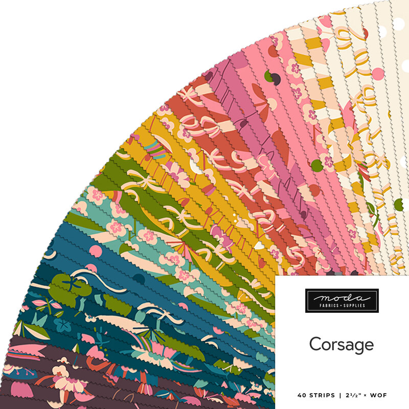 Colorful fabric strips in a fan layout, featuring floral patterns and vibrant hues, labeled Corsage.