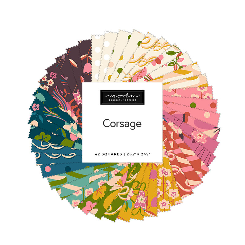 Colorful fabric squares arranged in a circle, labeled Corsage by Moda Fabrics.