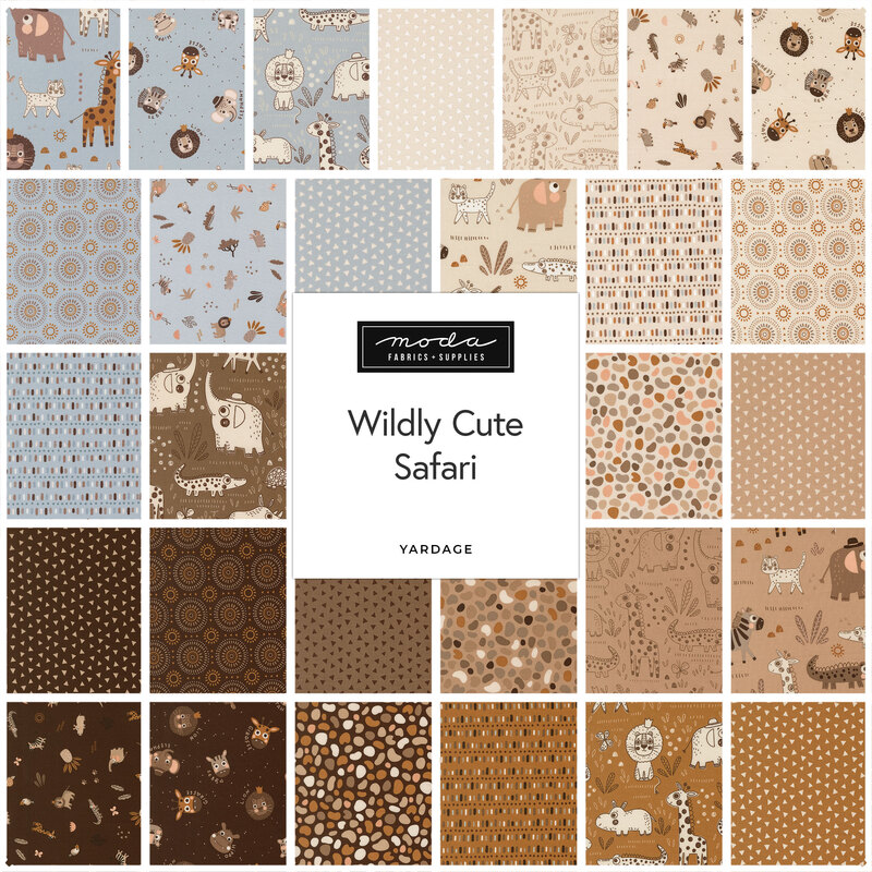 Square collage of fabrics from the Wildly Cute Safari collection featuring safari animals and geometric prints in hues of brown, blue, and cream.