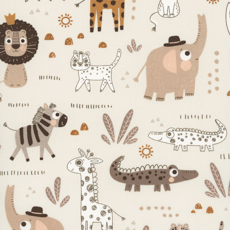 Hand-drawn styled safari animals, leaves, and geometric shapes on a light beige background.