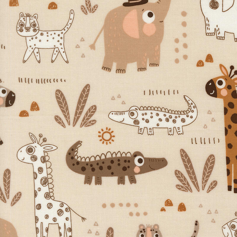 Hand-drawn styled safari animals, leaves, and geometric shapes on a light beige background.