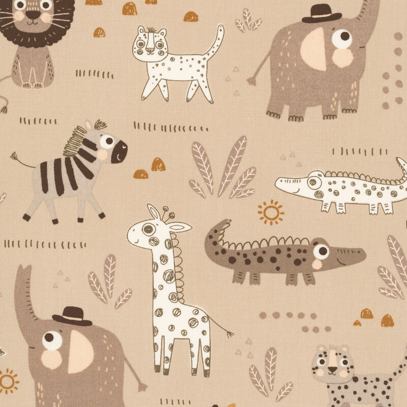 Hand-drawn styled safari animals, leaves, and geometric shapes on a tan background.
