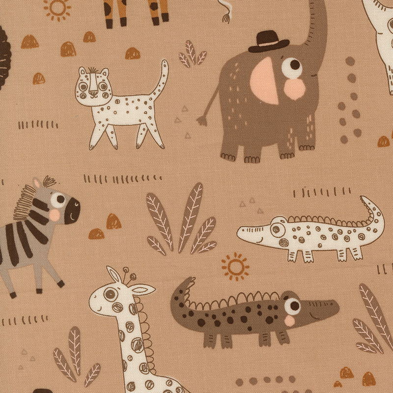 Hand-drawn styled safari animals, leaves, and geometric shapes on a tan background.