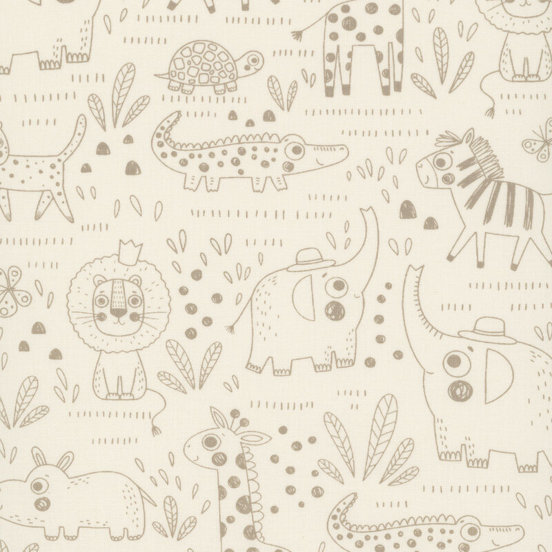 Illustrated safari animals, butterflies, leaves, and geometric shapes on a light beige background.