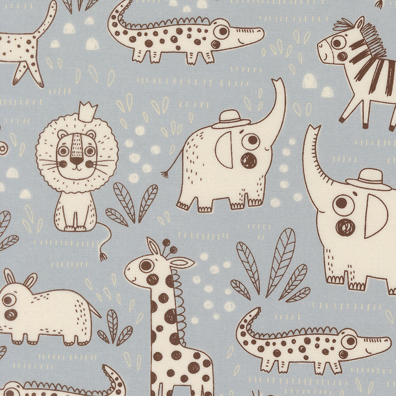 Ivory and brown illustrated safari animals, butterflies, leaves, and geometric shapes on a dusty blue background.