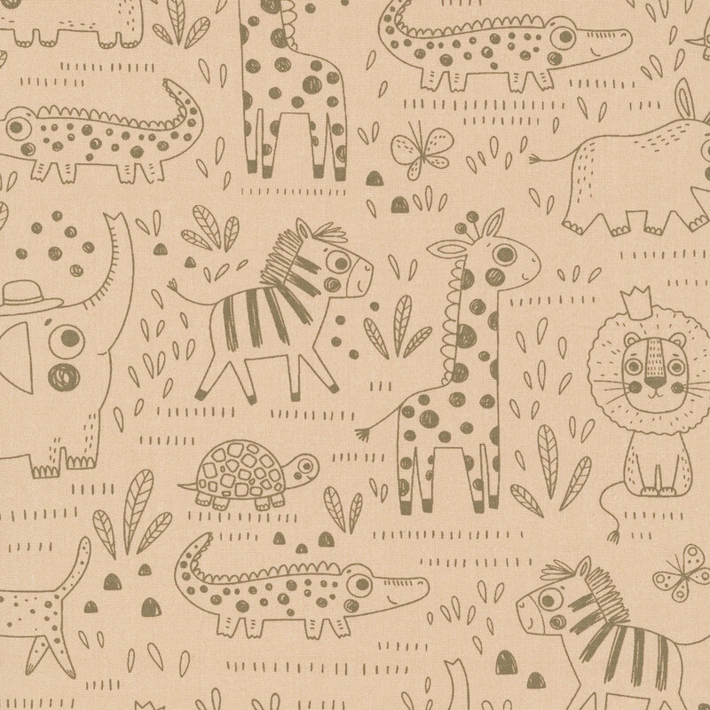 Tonal illustrated safari animals, butterflies, leaves, and geometric shapes on a tan background.