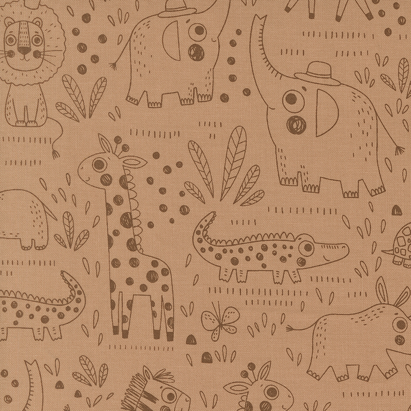 Tonal illustrated safari animals, butterflies, leaves, and geometric shapes on a tan background.
