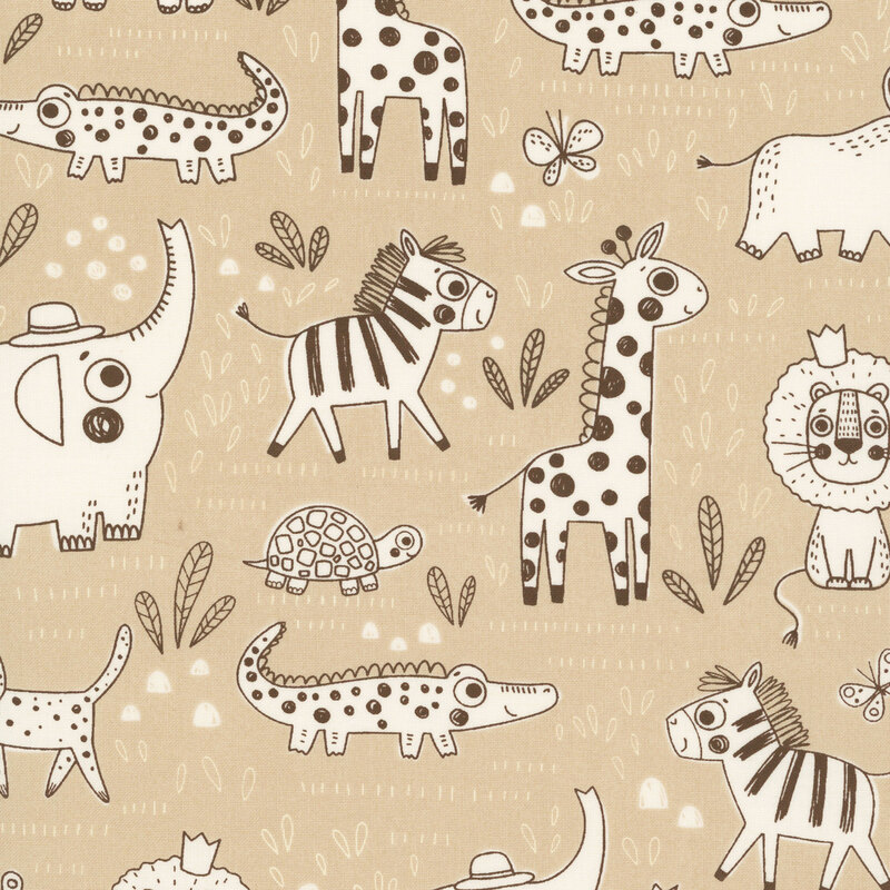 Ivory and brown illustrated safari animals, butterflies, leaves, and geometric shapes on a light taupe background.