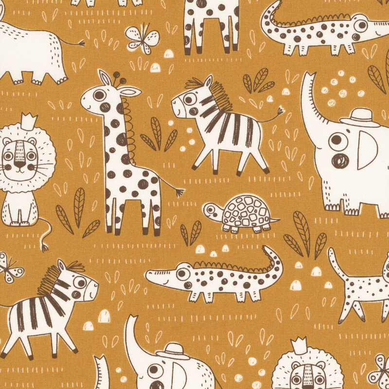 ivory and suede illustrated safari animals, butterflies, leaves, and geometric shapes on a warm caramel background.